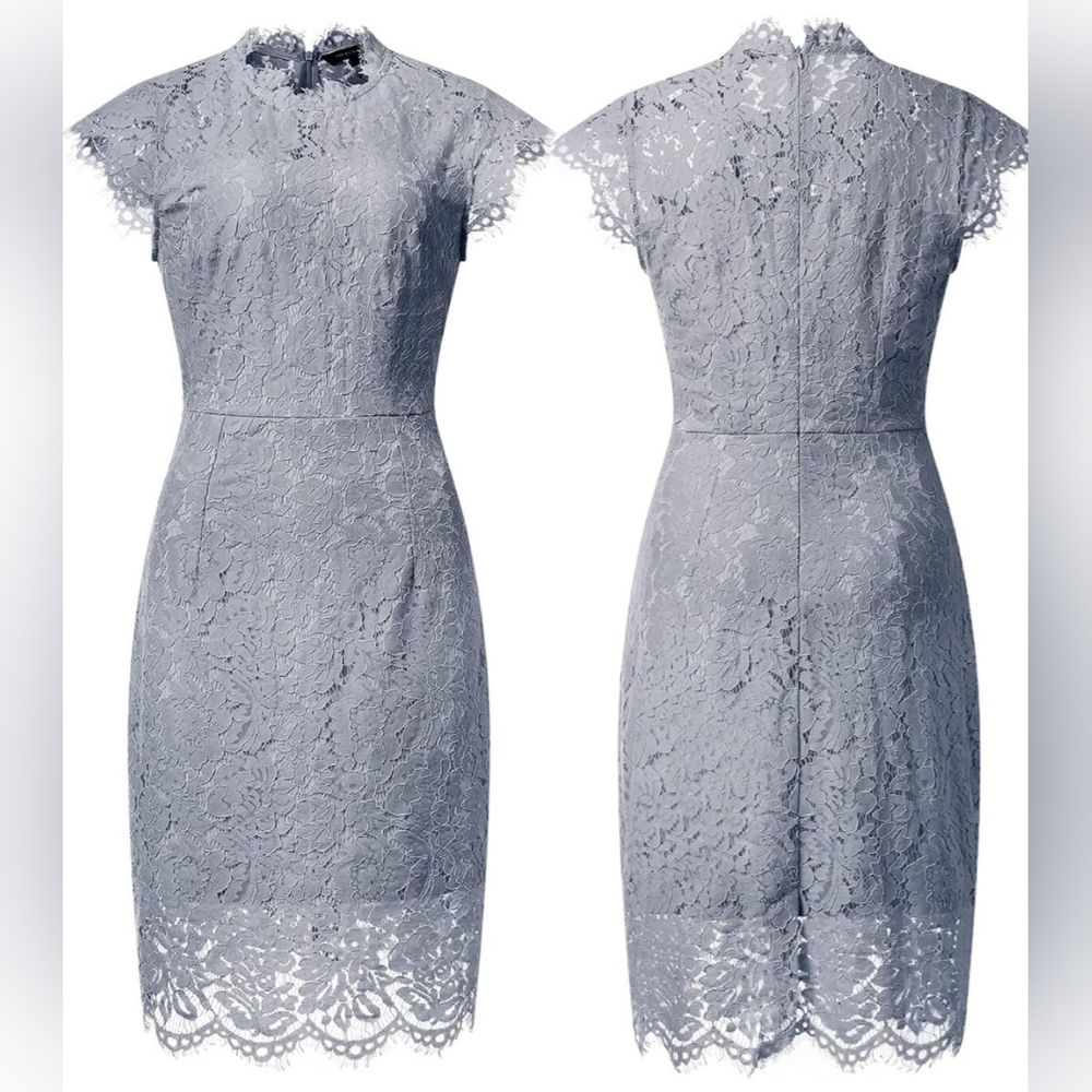 Merokeety Blue Gray Lace Overlay Midi Dress